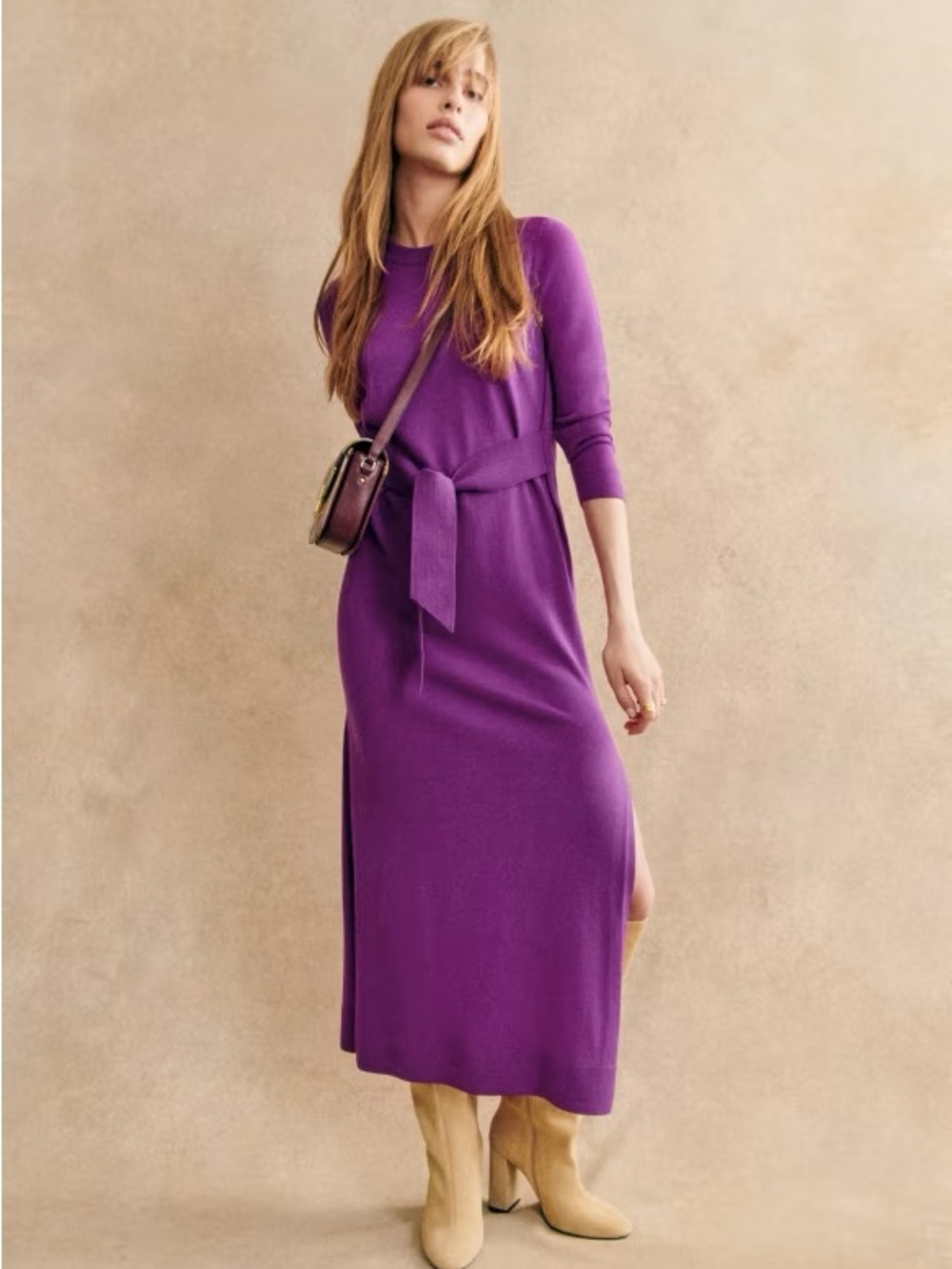 Sezane 100% merino wool Women’s Purple Belted Midi Sweater Dress with slits - M